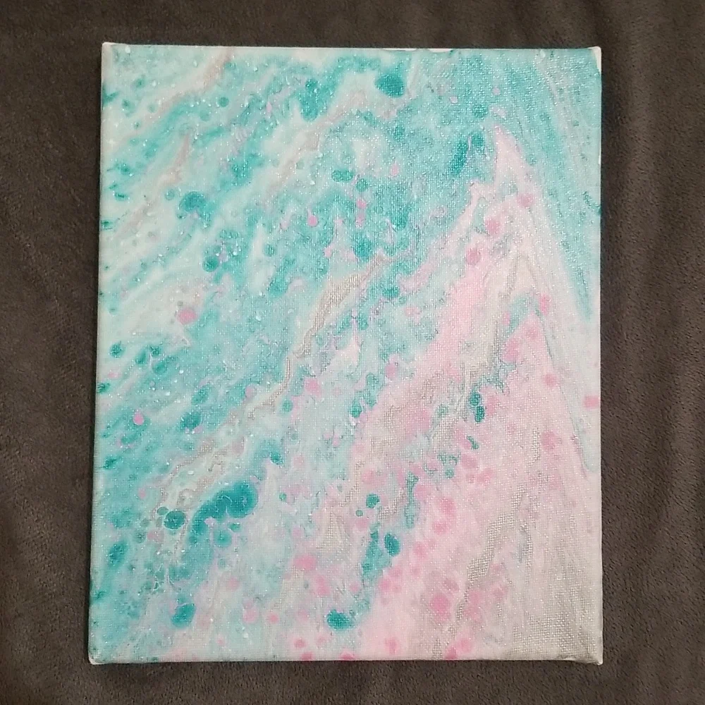 8x10 Teal Pink Silver and White Acrylic Painting